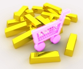 Пристрастяване към пазаруването, представено от много злато около розовата пазарска количка