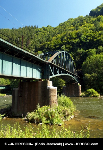 Sommeransicht der Eisenbahnbrücke und des Flusses Vah in der Nähe des Dorfes Strecno, Slowakei