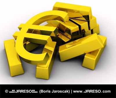 Símbolo dorado del EURO cerca de una pila de lingotes de oro