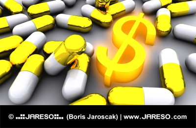 Molte pillole dorate con il simbolo dorato brillante del dollaro