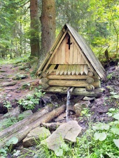 Деревянный домик с естественным потоком воды в лесу