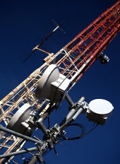 Diagonal view of transmitter on blue background