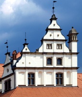 Decorated medieval roof on a fairy tale house
